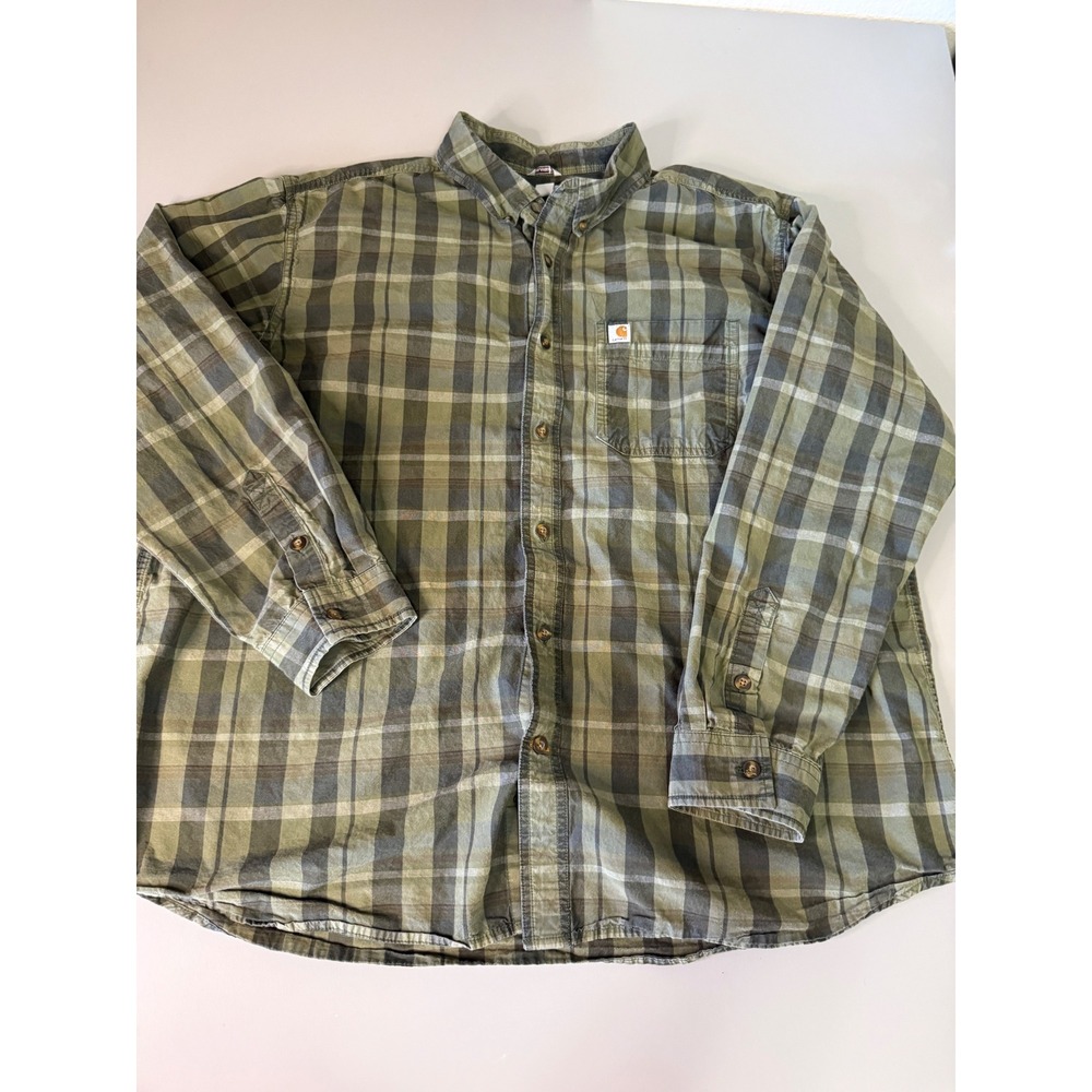 Carhartt Mens 2XL Relaxed Fit Plaid Button Down Shirt Olive Green Gray LS